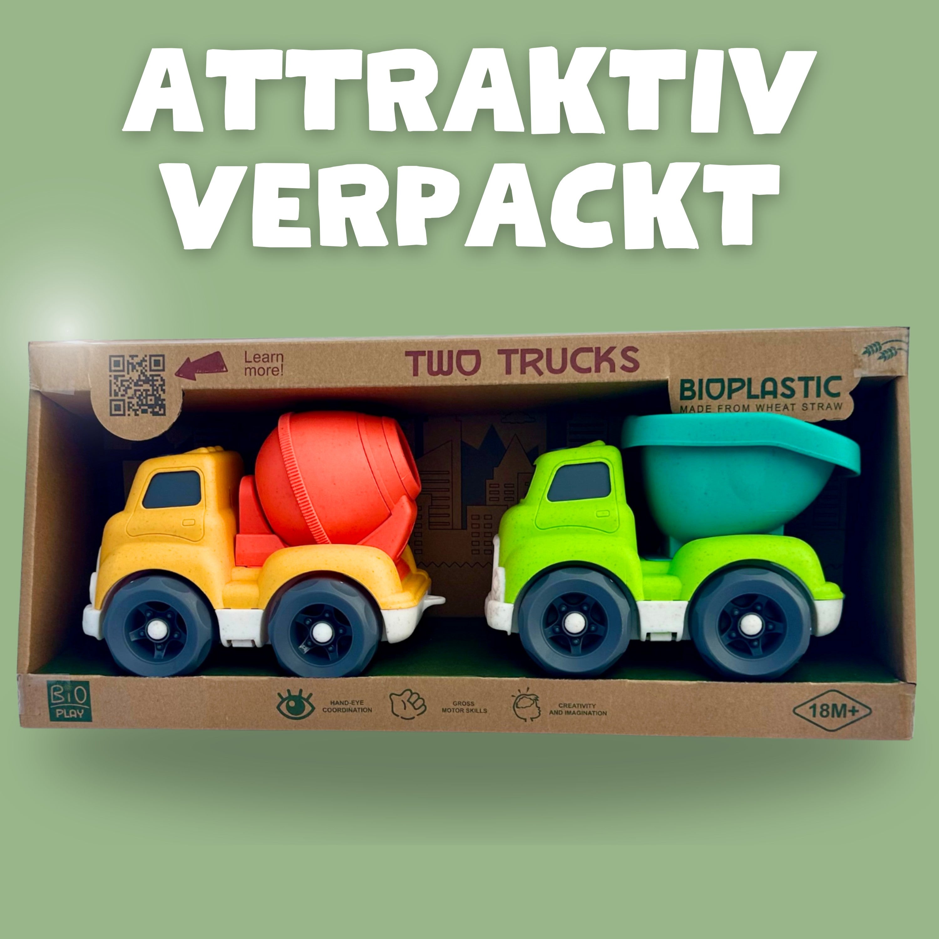 BIOPLAY® Trucks 2er-Set – Attraktiv verpackt, nachhaltiges Sandspielzeug