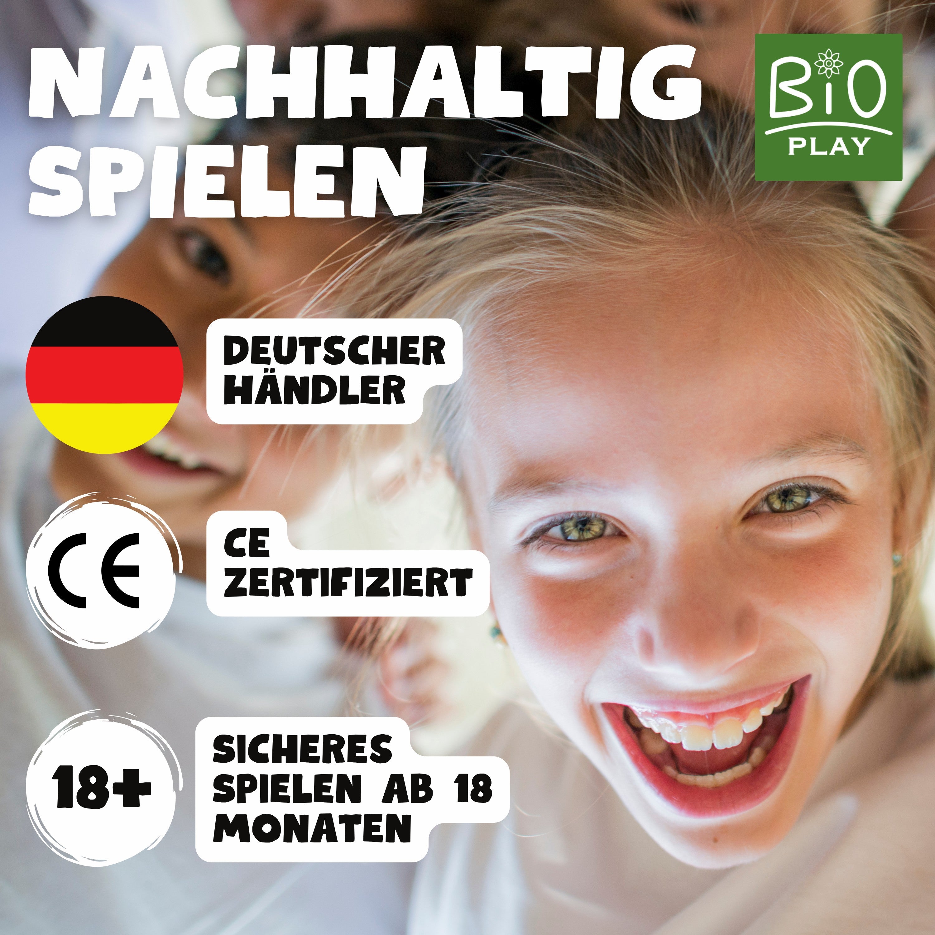 Nachhaltige Spielzeugautos aus Biokunststoff, CE-zertifiziert, sicher für Kinder ab 18 Monaten, angeboten von einem deutschen Händler.